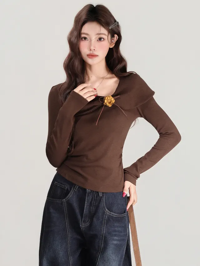 Bow Tie Slanted Collar Long Sleeve T shirt Women's Inner Wear Base Shirt Deep Coffee - Shop at LoveMi