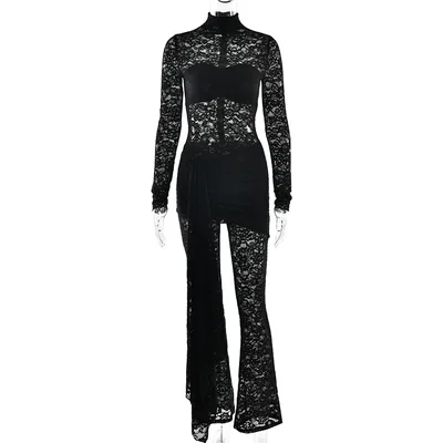 Sheer Lace Sexy Ribbon Slim Jumpsuit Black - Shop at LoveMi