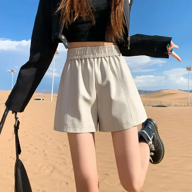Petite Women's Leather Shorts Stretch High Waist A line Summer Pants Apricot - Shop at LoveMi