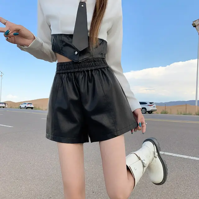 Petite Women's Leather Shorts Stretch High Waist A line Summer Pants Black - Shop at LoveMi