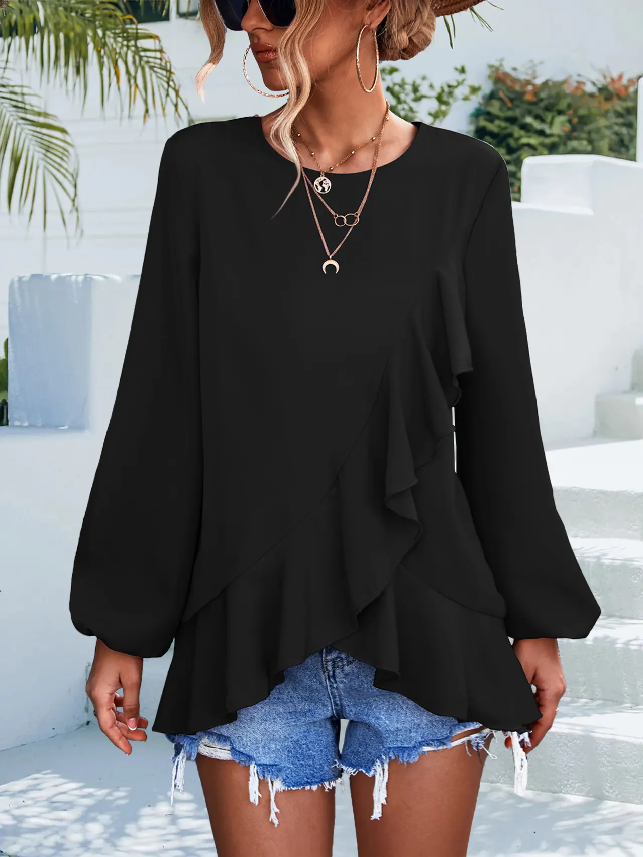 Solid Color Ruffled Lantern Sleeve Irregular Top - Black