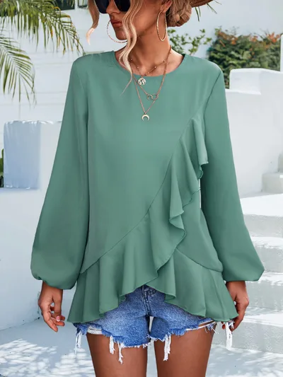 Solid Color Ruffled Lantern Sleeve Irregular Top Green - Shop at LoveMi