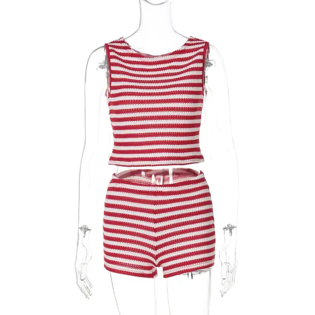 Polyester Striped Color block Vest Slim Sexy Shorts Red - Shop at LoveMi