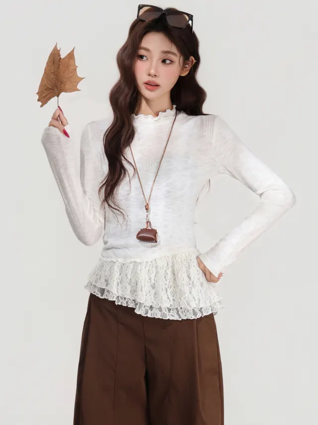 Shanlei Apricot Color Wood Ear Half High Collar Long Sleeve Knitted Base Apricot - Shop at LoveMi
