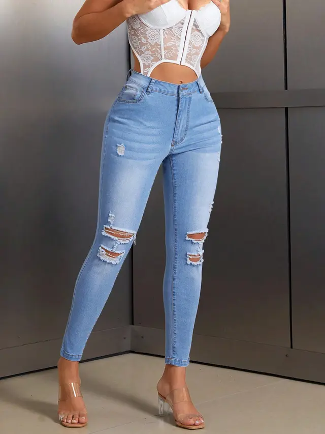 Elastic Slim fit Women's Stylish Ripped Jeans Blue - Shop at LoveMi