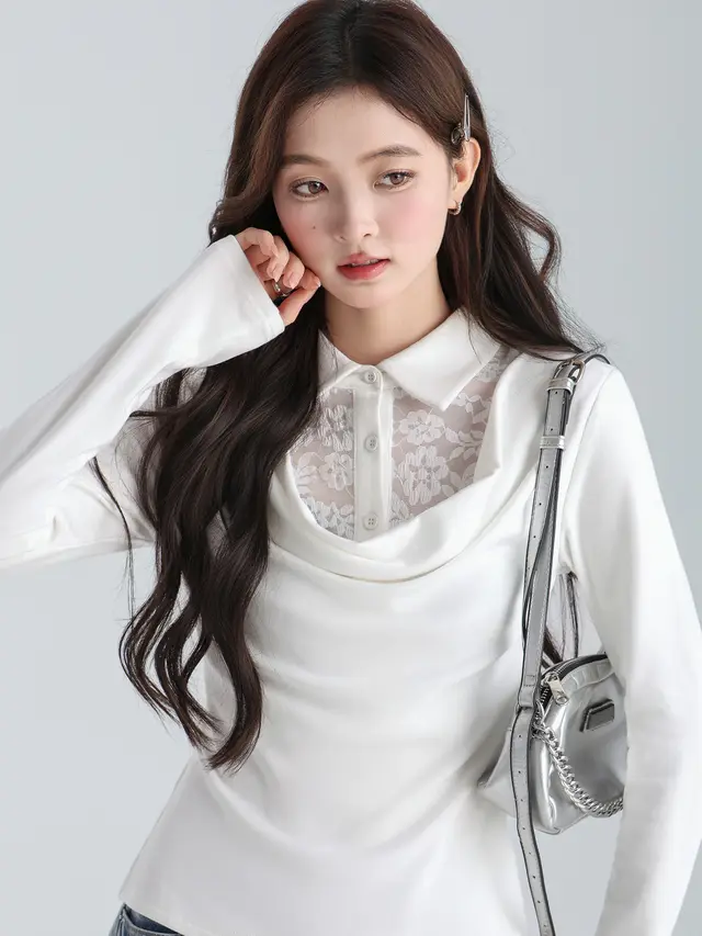 False Two piece Lace Spliced POLO Collar Long sleeved T shirt Women's Slim fit Top White - Shop at LoveMi