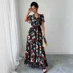 Advanced Minimalist Style Deep V Printed Slit Long Dress Women's Short Sleeve - Black