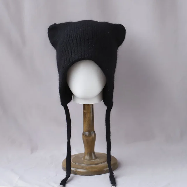 Winter High quality Warm And Cute Cat Ear Rabbit Fur Knitted Hat Black - Shop at LoveMi