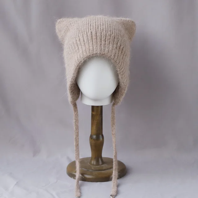 Winter High quality Warm And Cute Cat Ear Rabbit Fur Knitted Hat Khaki - Shop at LoveMi