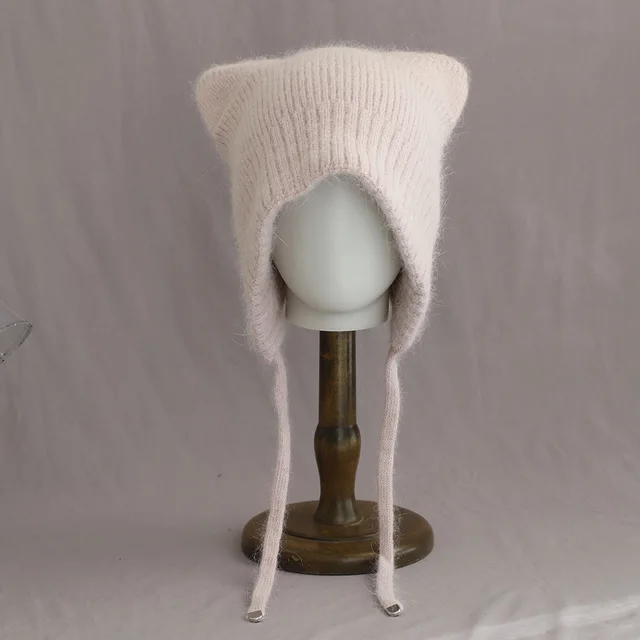 Winter High quality Warm And Cute Cat Ear Rabbit Fur Knitted Hat Purple Pink - Shop at LoveMi