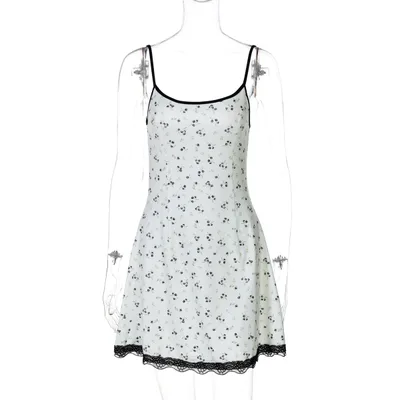 Floral Print Sexy Short Lace Trim Women's Camisole Dress White - Shop at LoveMi