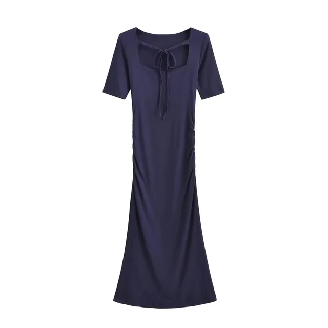 Square Neck Tie waist Pleated Short Sleeve Dress Navy Blue - Shop at LoveMi