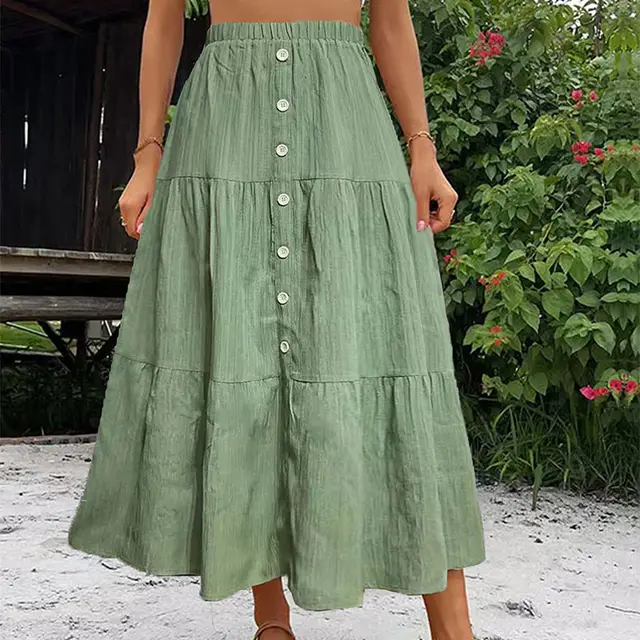 Solid Color Buckle Women's Fashion Patchwork Maxi Skirt Ocean Green - Shop at LoveMi