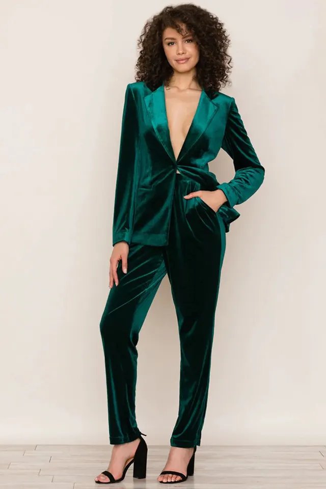 New Gold Velvet Suit For Women Casual Commuter Two piece Blazer Set Dark Green - Shop at LoveMi