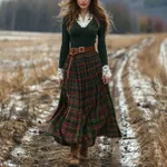 European And American Women's Autumn And Winter Plaid Maxi Dress Retro V-neck Long Sleeve Pastoral Style Dress - Image Color (Excluding Belt)-L - View 1