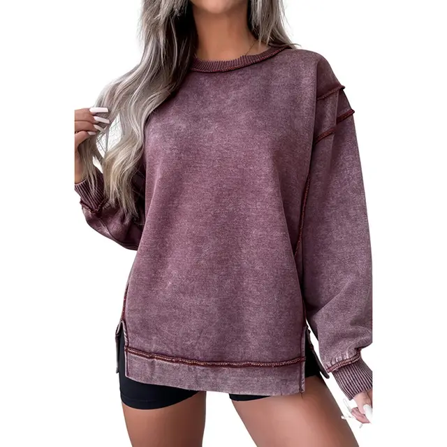 Women's Loose Casual Solid Color Slit Top Light Purple - Shop at LoveMi