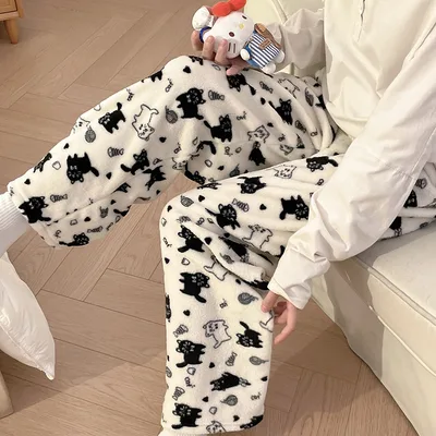 Flannel Pajamas Women Autumn Winter Fleece lined Thickened Casual Cartoon Home Pants Black And White Cat - Shop at LoveMi