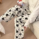 Flannel Pajamas Women Autumn Winter Fleece-lined Thickened Casual Cartoon Home Pants - Black And White Cat