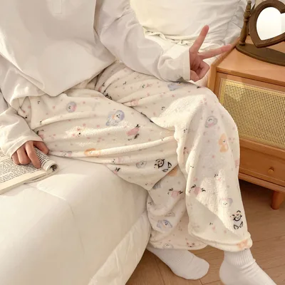 Flannel Pajamas Women Autumn Winter Fleece lined Thickened Casual Cartoon Home Pants Flower Basket Dog - Shop at LoveMi