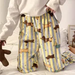 Flannel Pajamas Women Autumn Winter Fleece-lined Thickened Casual Cartoon Home Pants - Striped Sausage Dog-Xxl