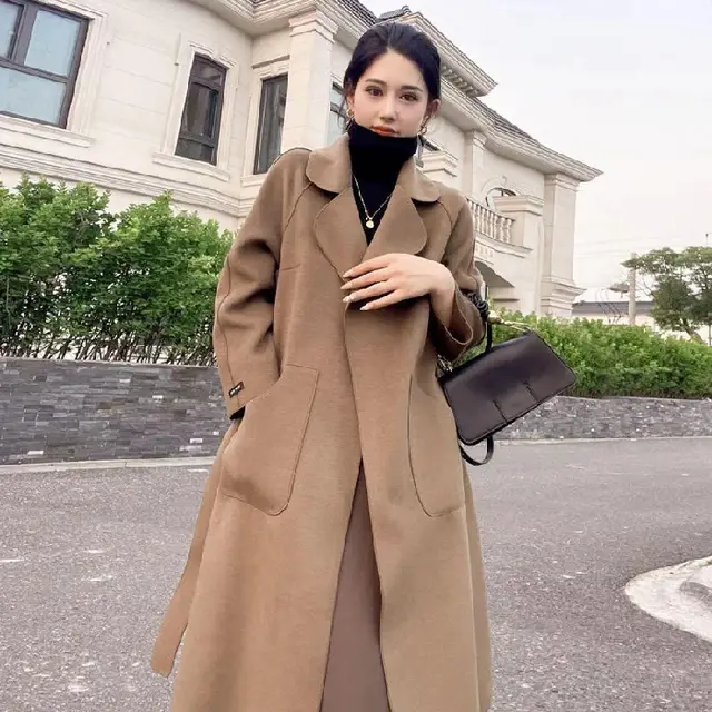 Double faced Cashmere Coat Women's Mid length Over The Knee Cold Brown - Shop at LoveMi