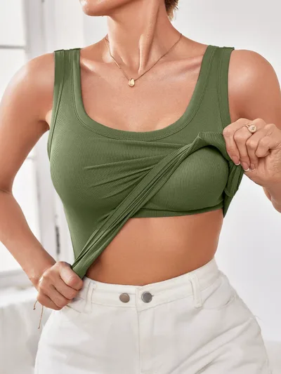 Threaded Strap Padded Comfortable Slim fit Inner Or Outer Wear Wide Shoulder Strap Sleeveless Tank Top Army Green - Shop at LoveMi