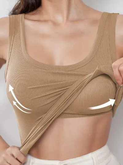 Threaded Strap Padded Comfortable Slim fit Inner Or Outer Wear Wide Shoulder Strap Sleeveless Tank Top Khaki - Shop at LoveMi