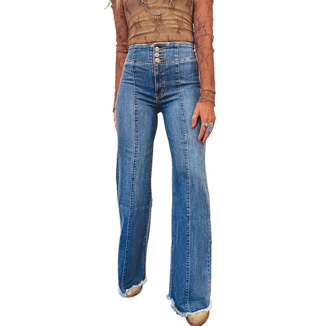 Trendy Slim fit High waist Solid color Ripped Hem Jeans For Women Blue - Shop at LoveMi