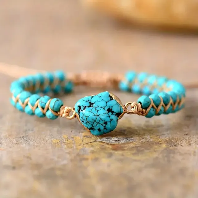Irregular Turquoise Bezel Double Pendant Accessory Bracelet Blue Pine Gold - Shop at LoveMi