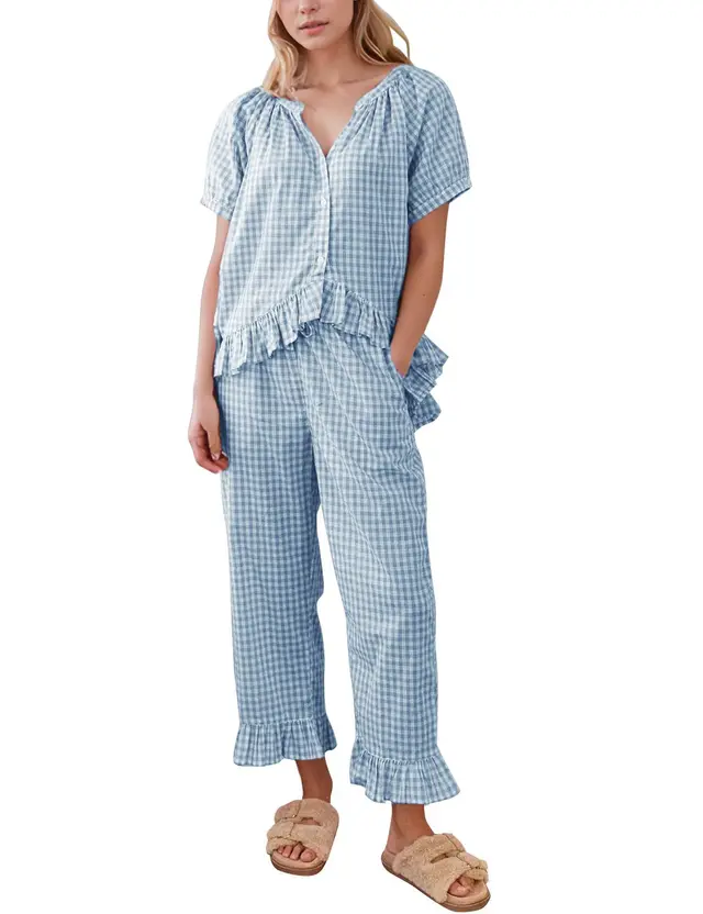 2 piece Set Short Sleeve Ruffled Top And Pants Blue - Shop at LoveMi