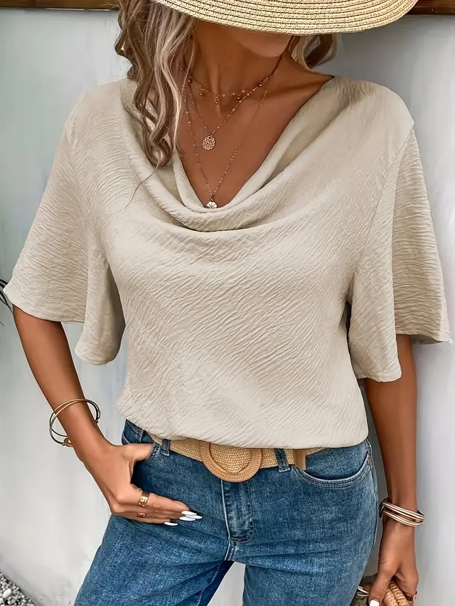 Women's Solid Color Casual Fashion Short Sleeved Shirt Apricot - Shop at LoveMi