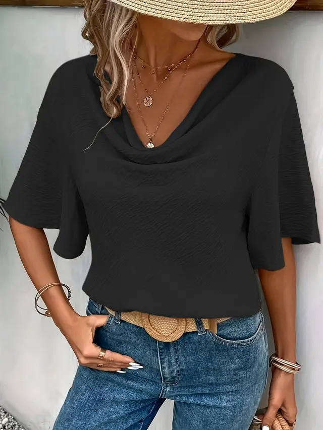 Women's Solid Color Casual Fashion Short Sleeved Shirt Black - Shop at LoveMi