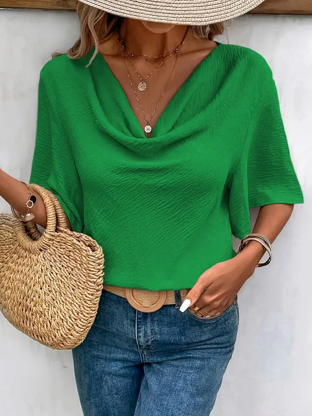Women's Solid Color Casual Fashion Short Sleeved Shirt Green - Shop at LoveMi