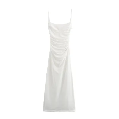 Slim Sexy Pleated Dress With Thin Spaghetti Straps And Backless Design White - Shop at LoveMi
