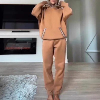 Lace trimmed Kangaroo Pocket Hoodie And Elastic Waistband Sweatpants Set Light Brown - Shop at LoveMi