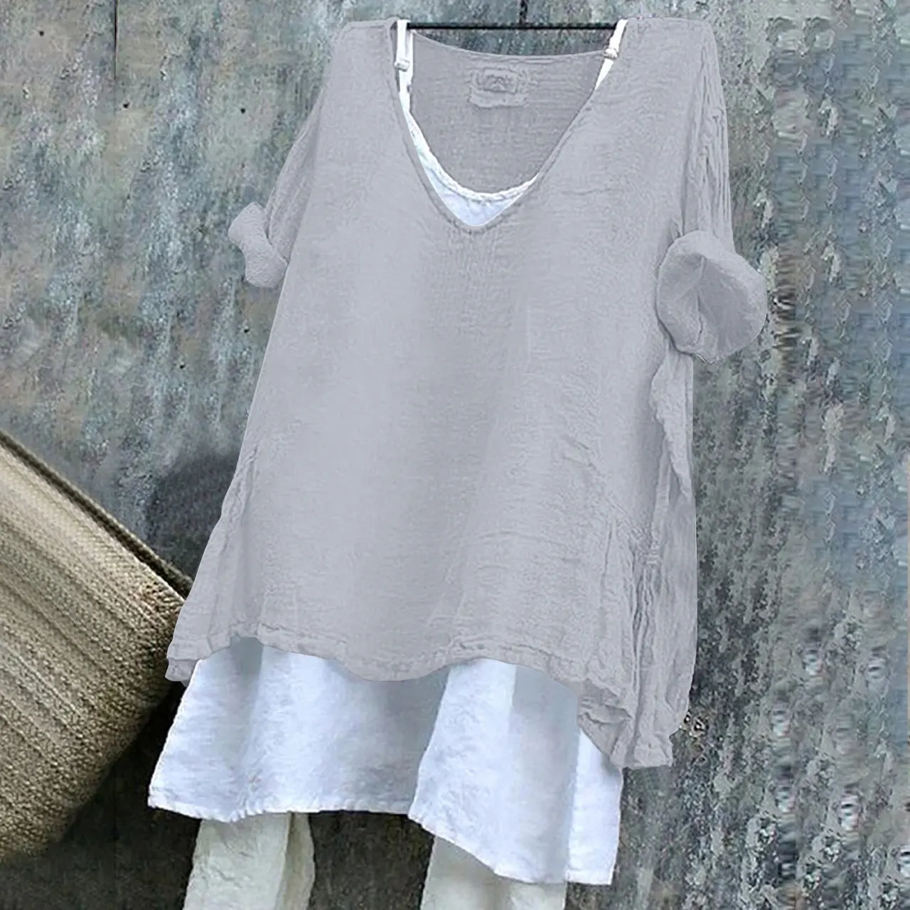 Women's V-neck Short Sleeve Printed Top Excluding Linin - Light Grey