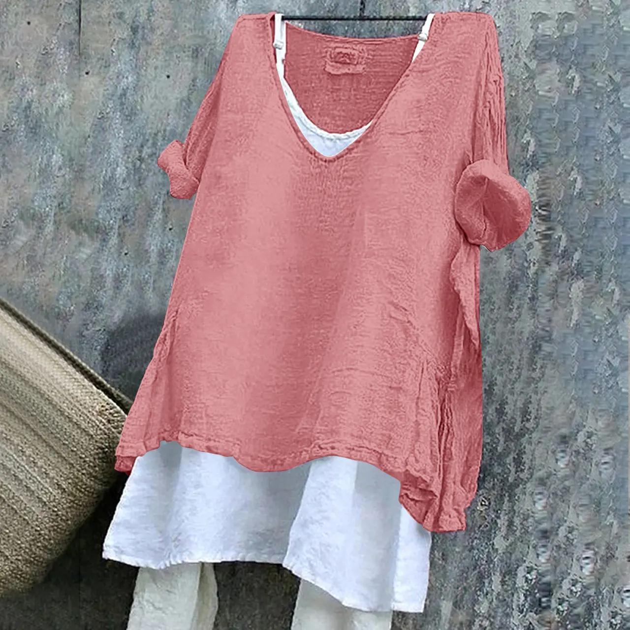 Women's V-neck Short Sleeve Printed Top Excluding Linin - Pink