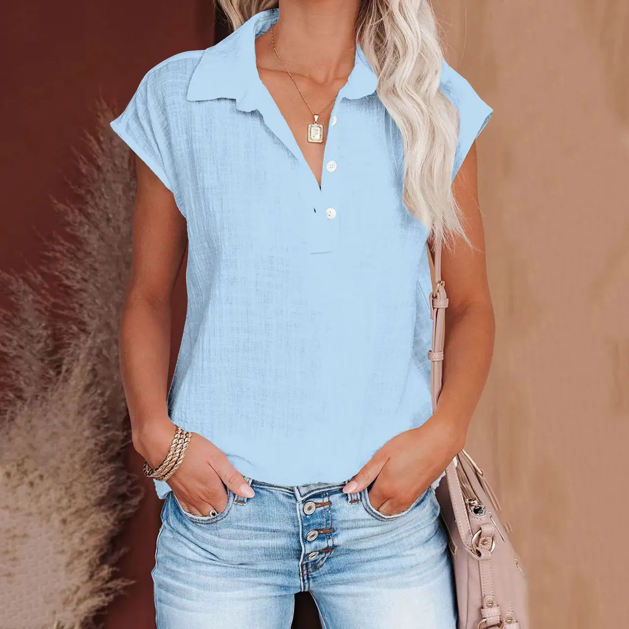 Women's Retro Cotton-linen Shirt - Sky Blue