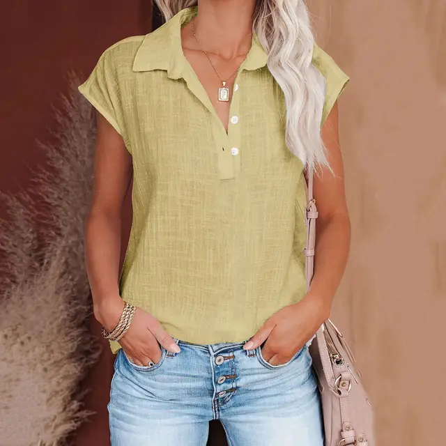 Women's Retro Cotton linen Shirt Yellow - Shop at LoveMi