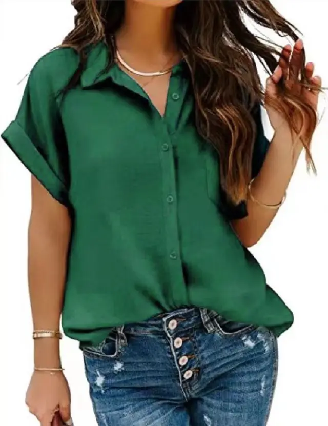Women's Turn Down Collar Button Up Shirt Top Dark Green - Shop at LoveMi