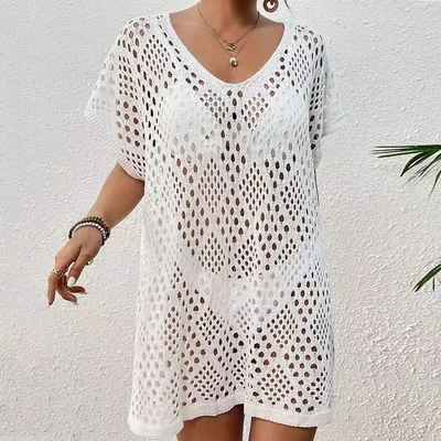 Lady's Dress Tie up Beach Hollow out Knitwear White - Shop at LoveMi