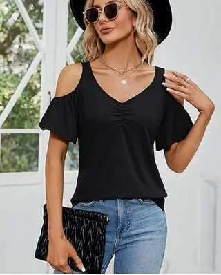Women's Off-shoulder Printed Short-sleeve Loose Top - Black