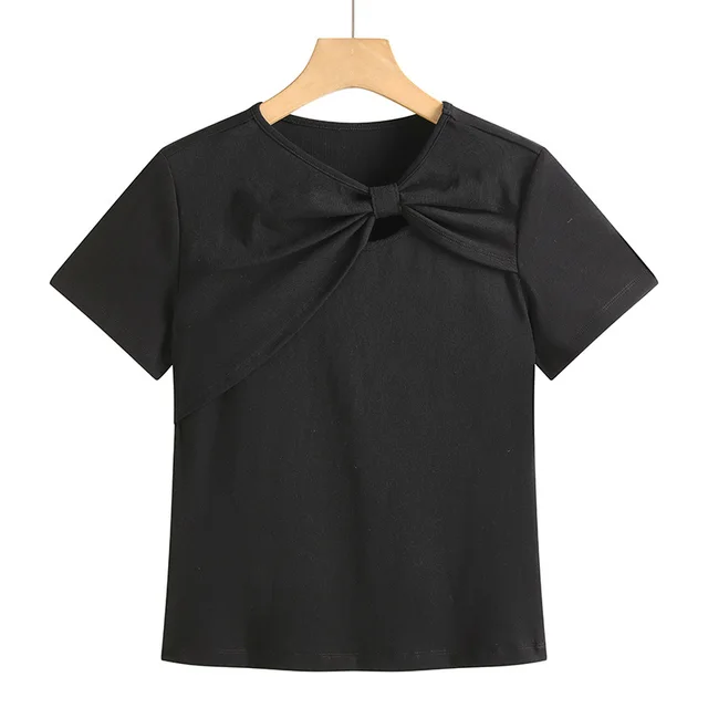 Female Solid Color Hollow Shoulder Short Sleeved Shirt Black - Shop at LoveMi