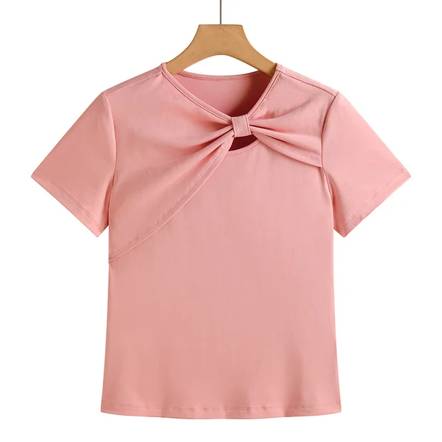 Female Solid Color Hollow Shoulder Short Sleeved Shirt Pink - Shop at LoveMi