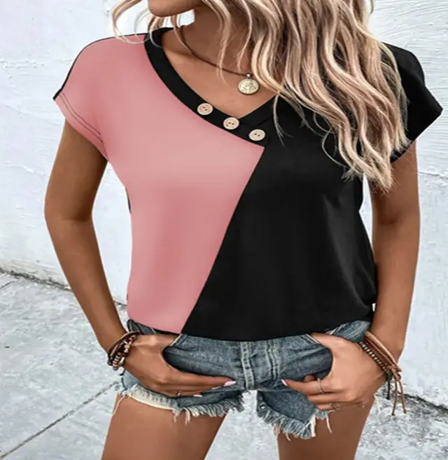 Women's Color blocked Casual Short Sleeve Top Pink - Shop at LoveMi