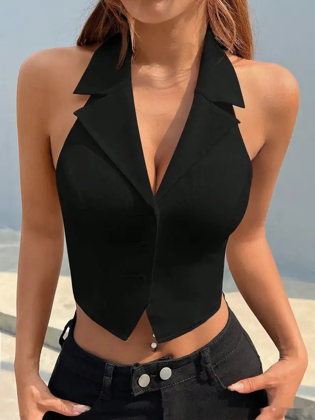 Women's V neck Halter Vest Top Black - Shop at LoveMi