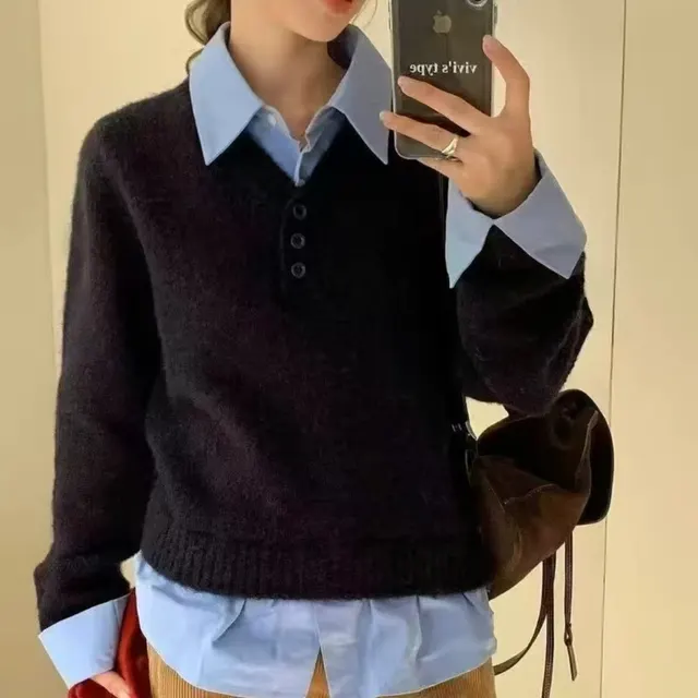 New Simple Shirt Polo Collar Splicing Fashion Fake Two piece Top Dark Black - Shop at LoveMi