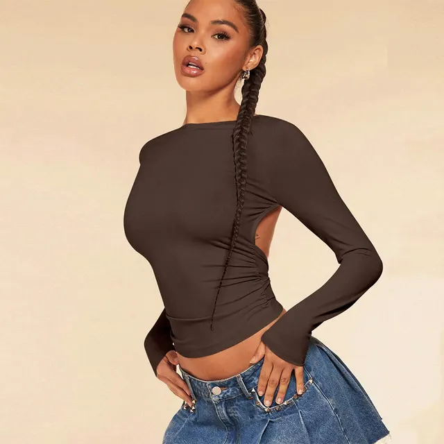 Sexy Style T shirt Autumn And Winter Europe And America Backless Design Short Top Women Brown - Shop at LoveMi