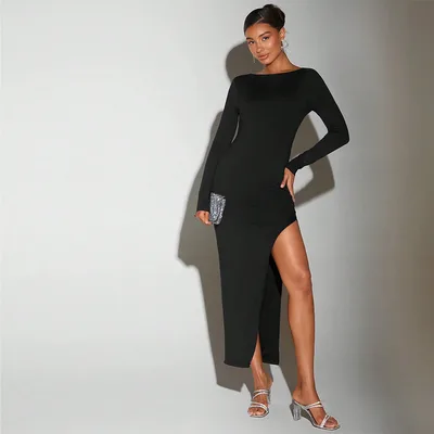 Sexy Dress For Socialites Autumnwinter Round Neck Open Back Design Midi Black - Shop at LoveMi