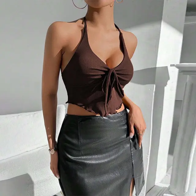 European And American Sexy Style Halter Top Autumn And Winter New Backless Short Top For Women Brown - Shop at LoveMi